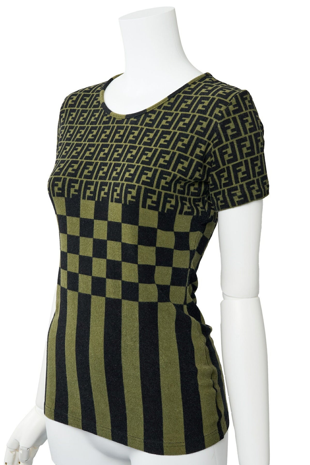 T-shirt à manches courtes d'occasion, imprimé Zucca, mélange de rayonne, noir, finitions dorées.