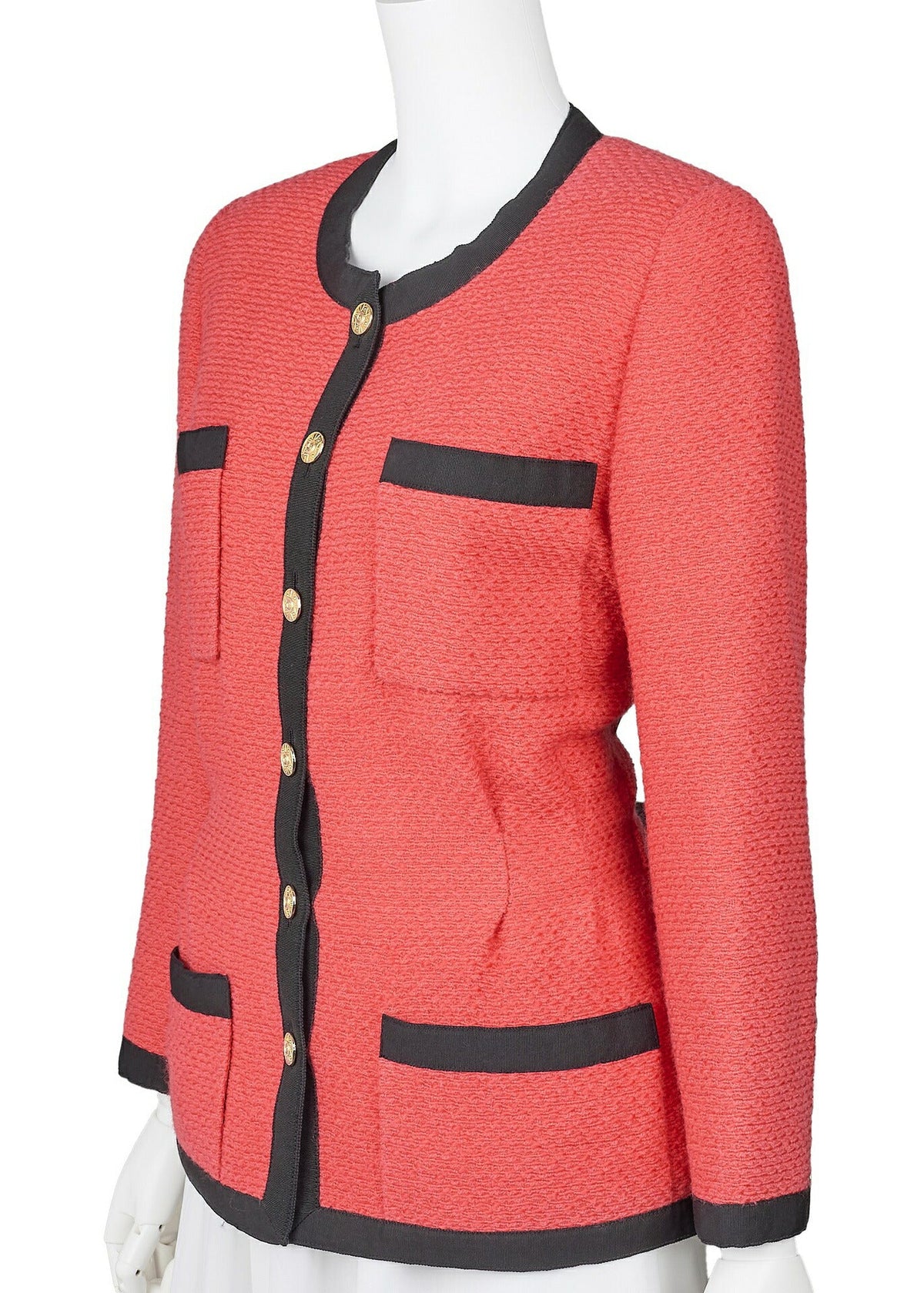 Manteau-veste d'occasion, bouton coco, manches longues, mélange de laine, rouge, finitions dorées, d'occasion
