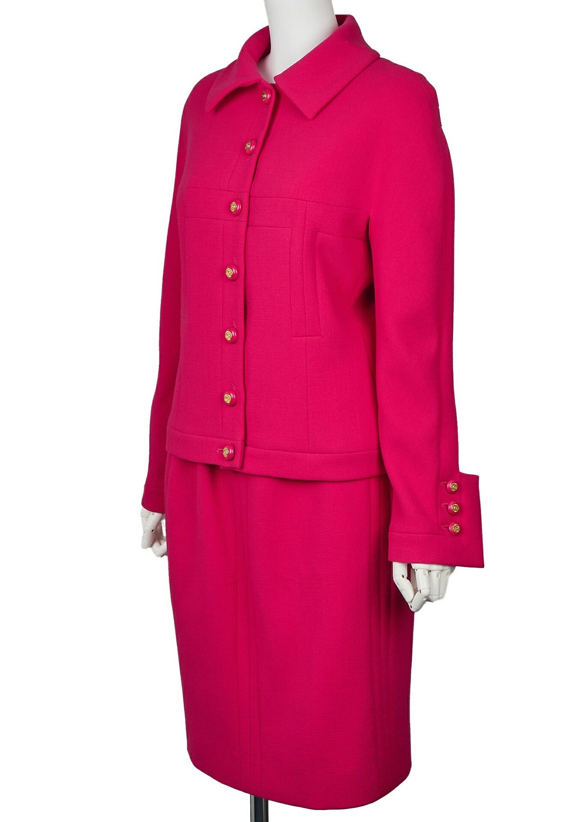 Pre-Owned Jacket Skirt Set, Coco Button, Wool, Pink, Gold-Tone Hardware, Pre-Owned