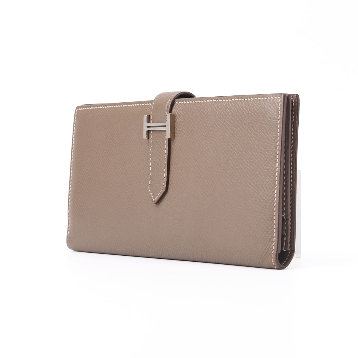 Pre-Owned Bearn Soufflet Two-Fold Long Wallet Vaux Epson Etoupe Grey Silver-Tone Hardware Pre-Owned
