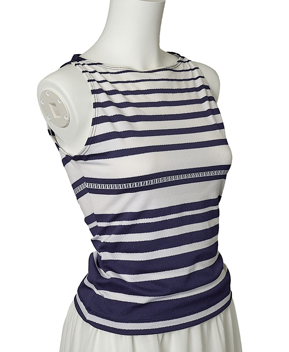 Haut sans manches coupé-cousu d'occasion, mélange de nylon, bleu marine, finitions dorées.