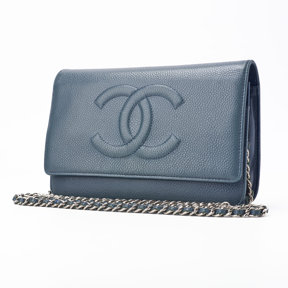 Pre-Owned Chain Wallet, Coco Mark, Caviar Skin, Blue, Gold-Tone Hardware, Pre-Owned