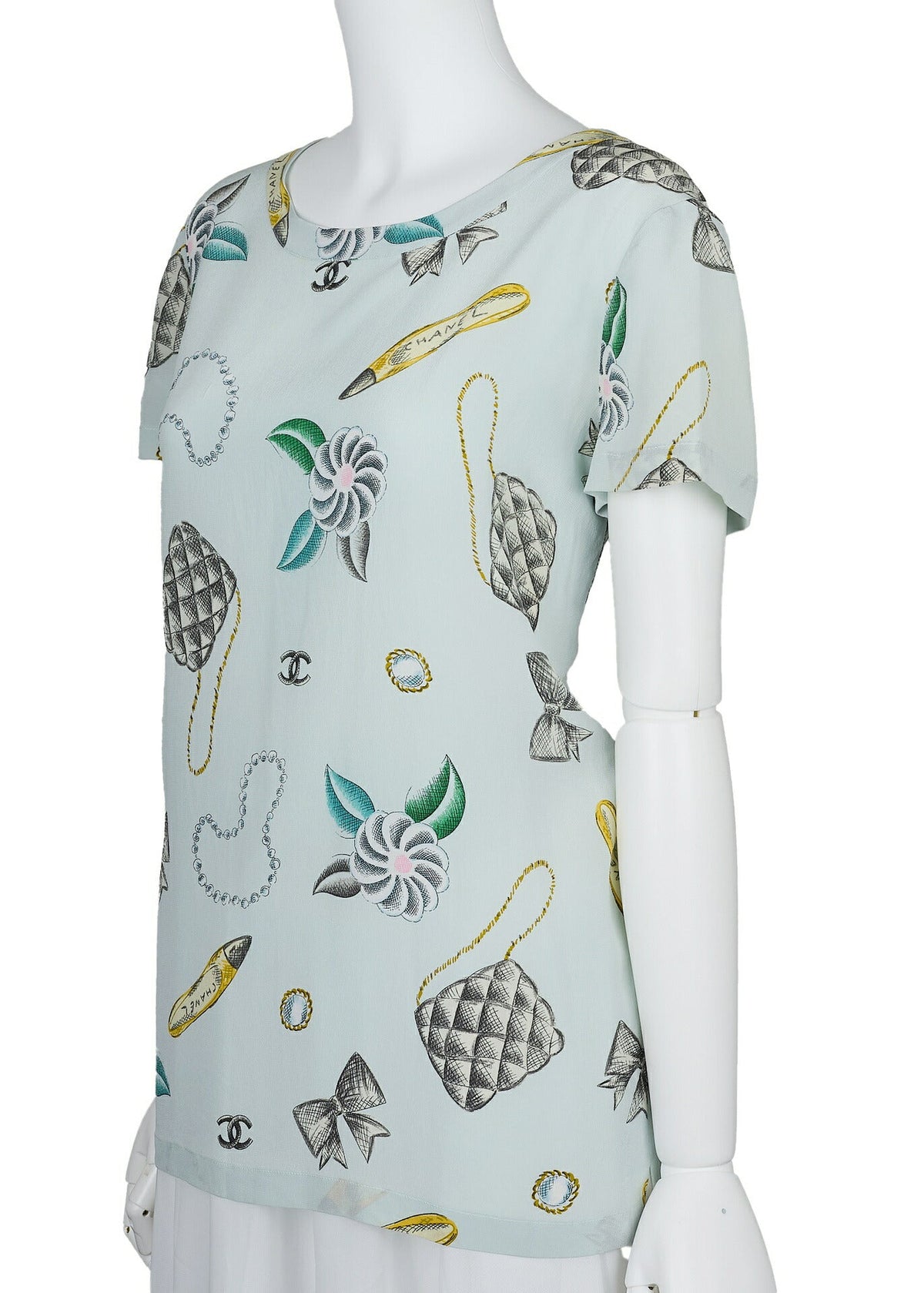 Pre-Owned T-Shirt Blouse Short Sleeve Ribbon Cut Sew Cotton Light Blue Gold-Tone Hardware Pre-Owned