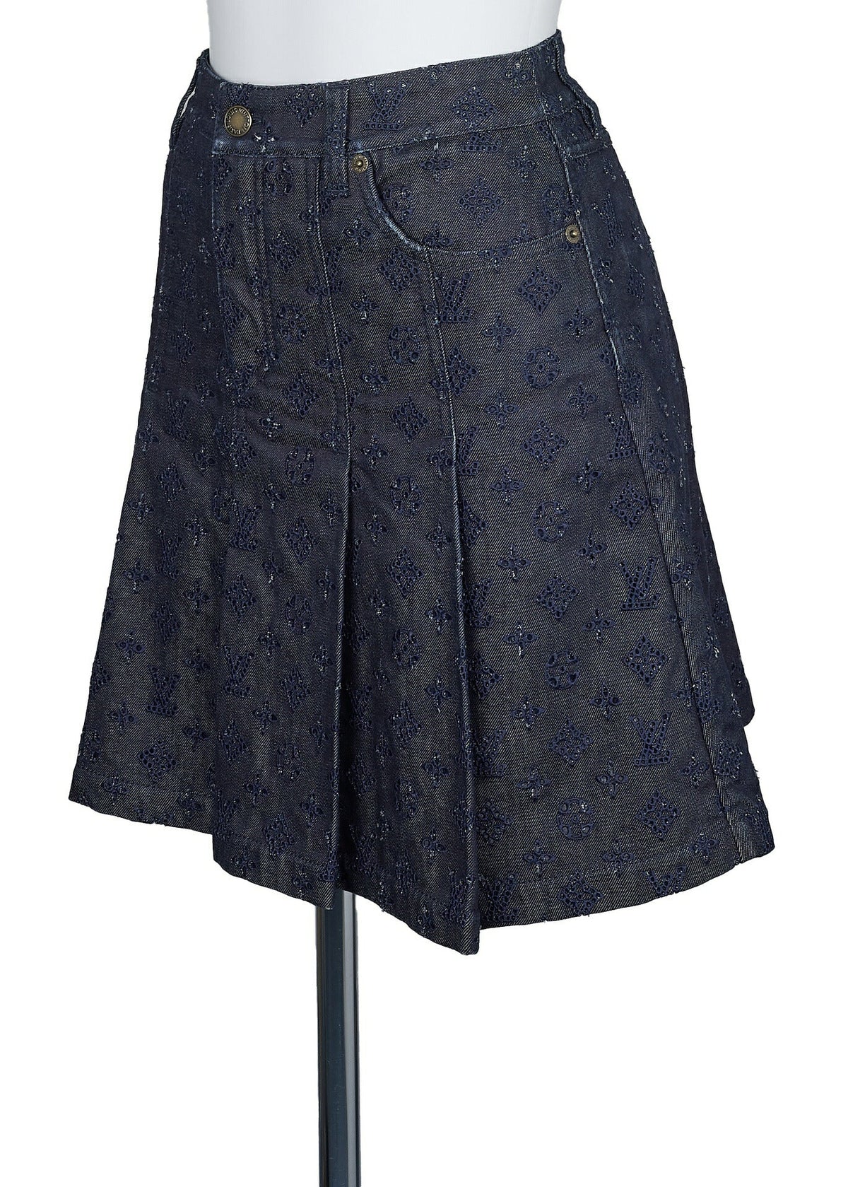 Pre-Owned Vuitton Pleated Skirt, Monogram Punching, Cotton, Blue, Silver-Tone Hardware, Pre-Owned