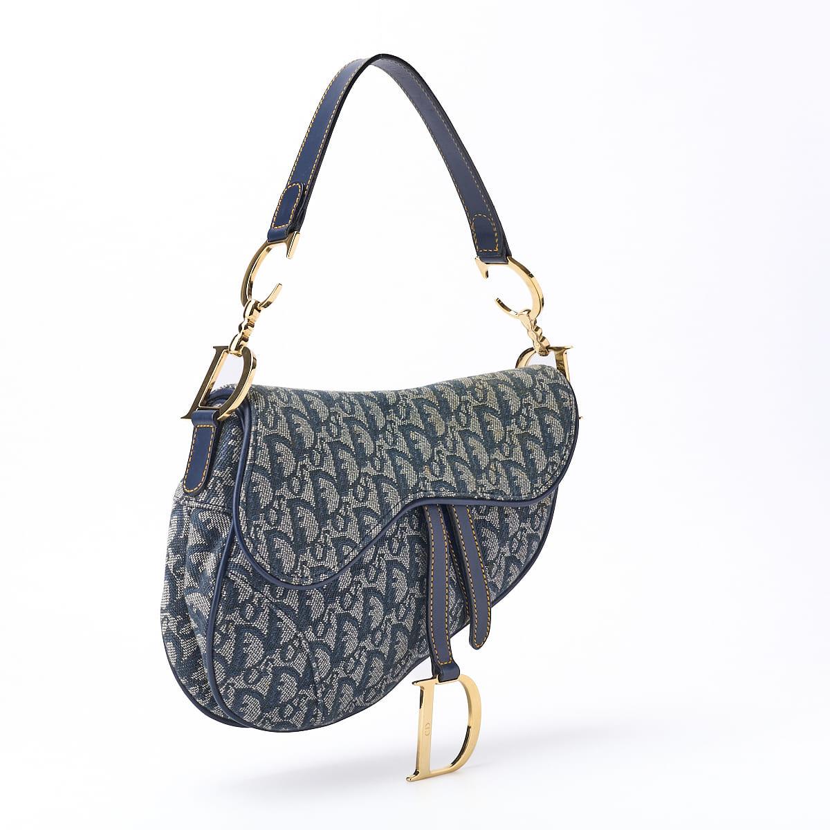 Pre-Owned Trotter Saddle Bag Canvas, Leather, Navy, Gold-Tone Hardware, Pre-Owned