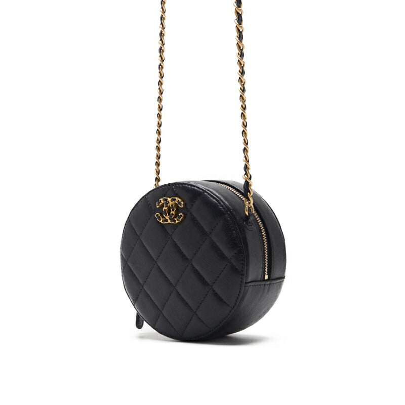 Sac bandoulière d'occasion, matelassé, Coco Mark, bandoulière chaîne, cuir d'agneau, noir, finitions dorées, d'occasion