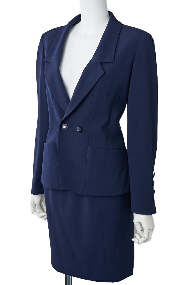Pre-Owned Jacket Skirt Set, Coco Button, Wool, Navy, Gold-Tone Hardware, Pre-Owned