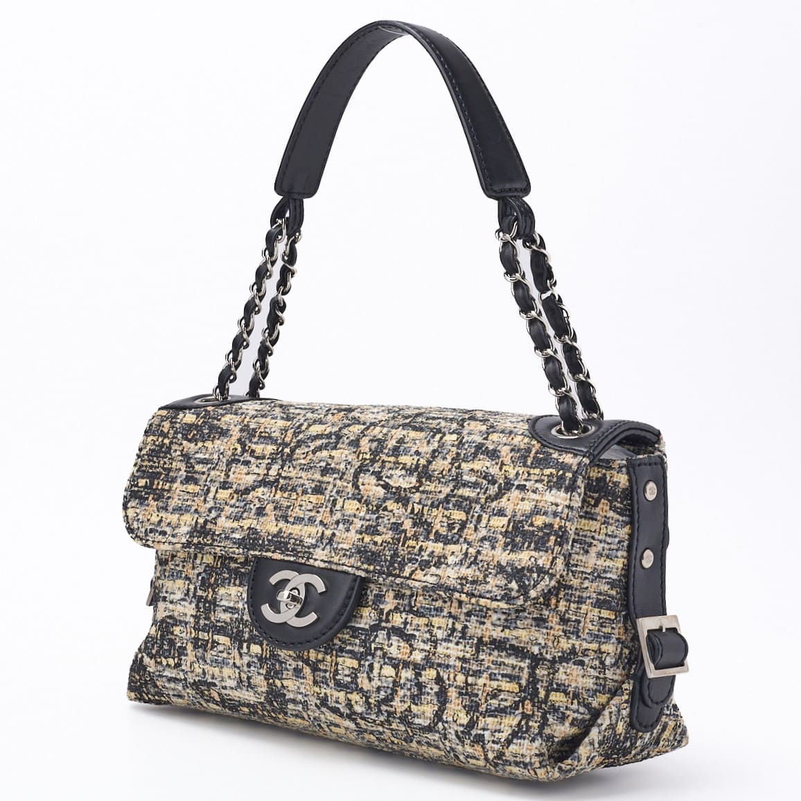 Sac bandoulière d'occasion, Camellia Turn Lock, bandoulière chaîne, tweed, noir, finitions argentées, d'occasion