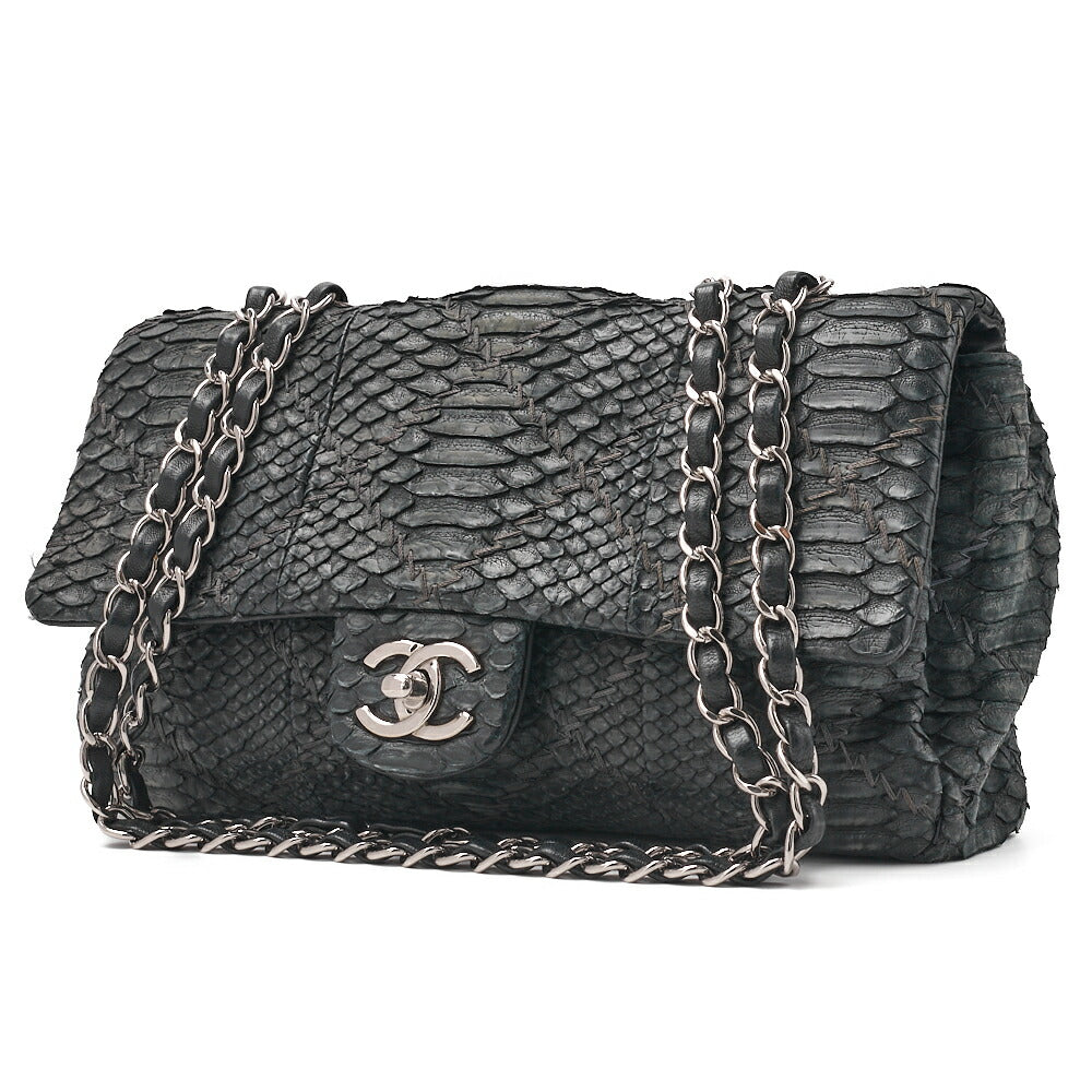Sac bandoulière d'occasion, Matelasse, chaîne et fermoir tournant, python, noir, finitions dorées, d'occasion