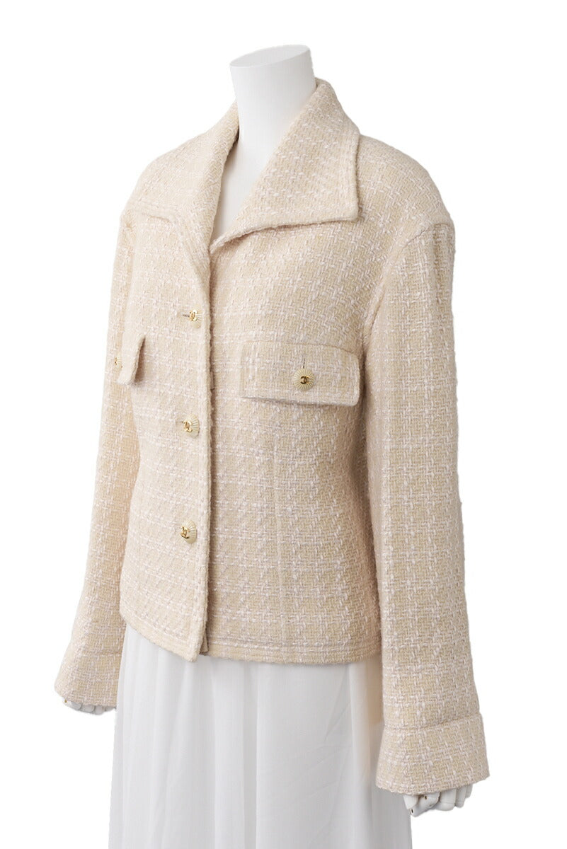 Pre-Owned Jacket Coat, Coco Button, Tweed, Beige, Gold-Tone Hardware, Pre-Owned