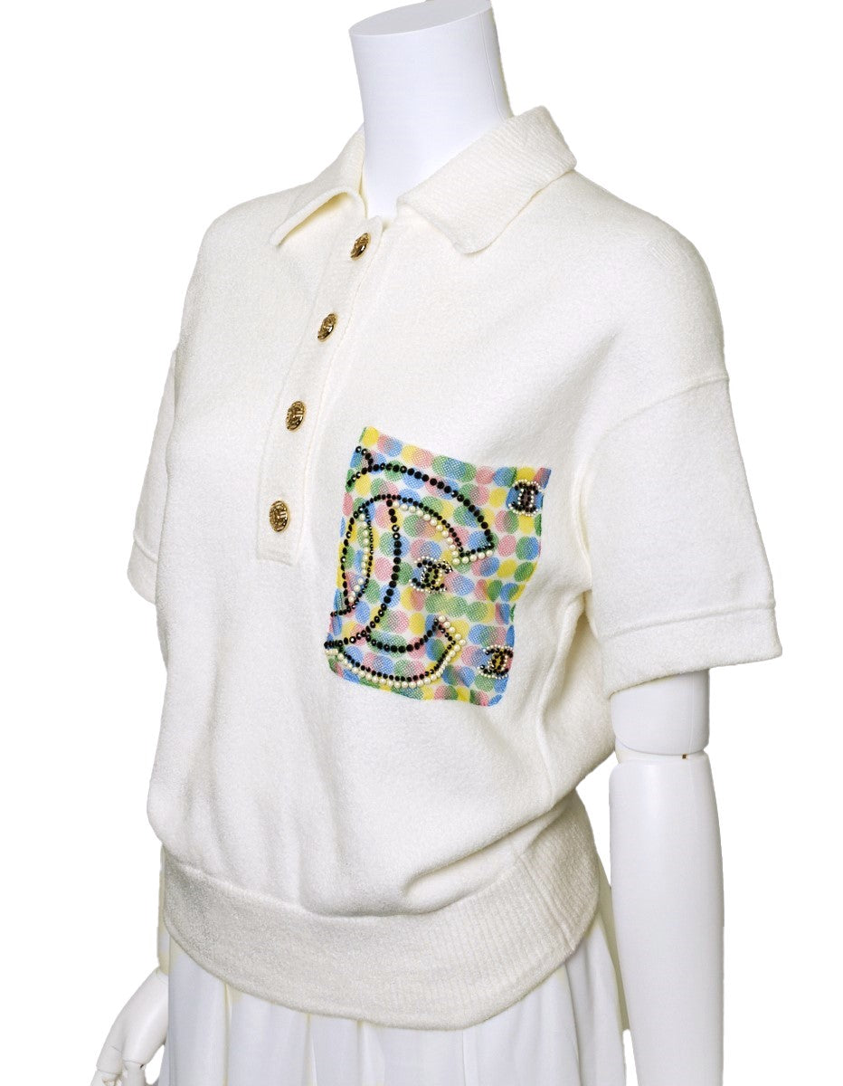Polo d'occasion, Coco Mark, bouton en nacre, coton, blanc, finitions dorées, d'occasion