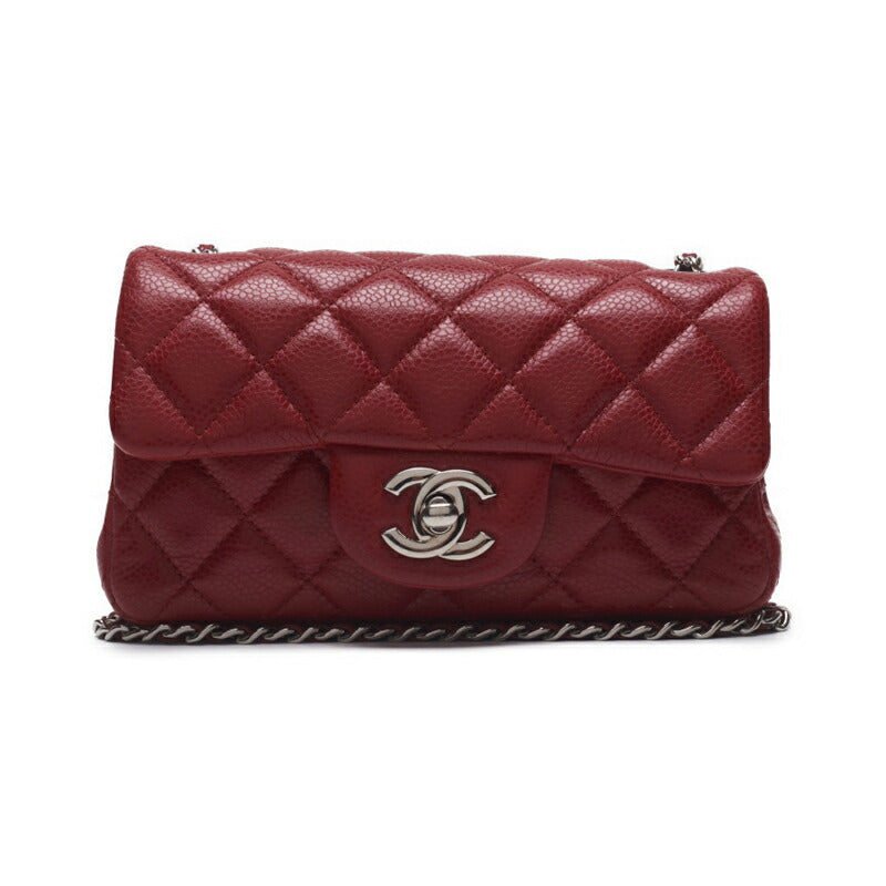 Pre-Owned Mini Shoulder Bag Matelasse Chain Shoulder Caviar Skin Red Silver-Tone Hardware Pre-Owned