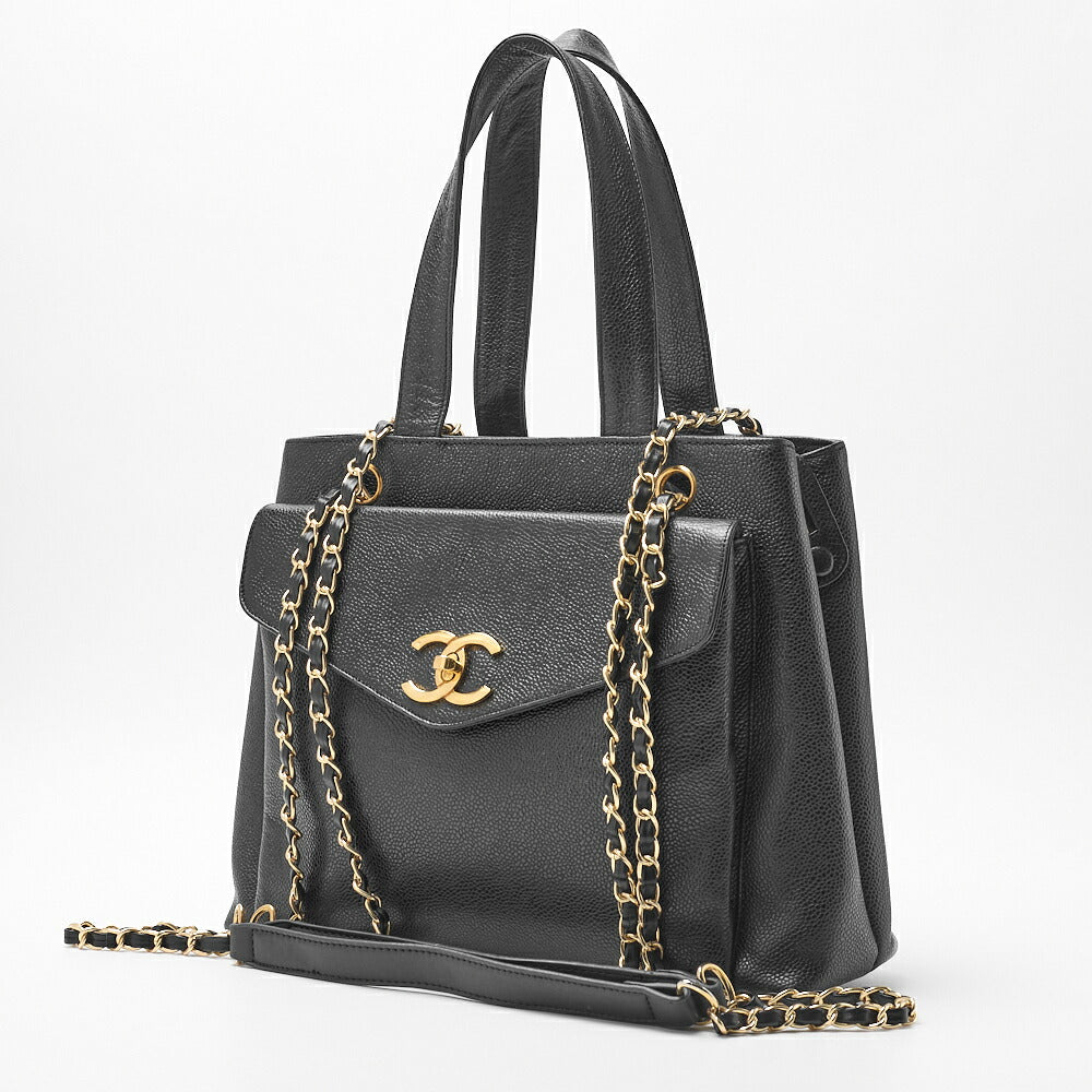 Pre-Owned Shoulder Bag 2WAY Outside Flap Turn Lock Caviar Skin Black Gold-Tone Hardware Pre-Owned