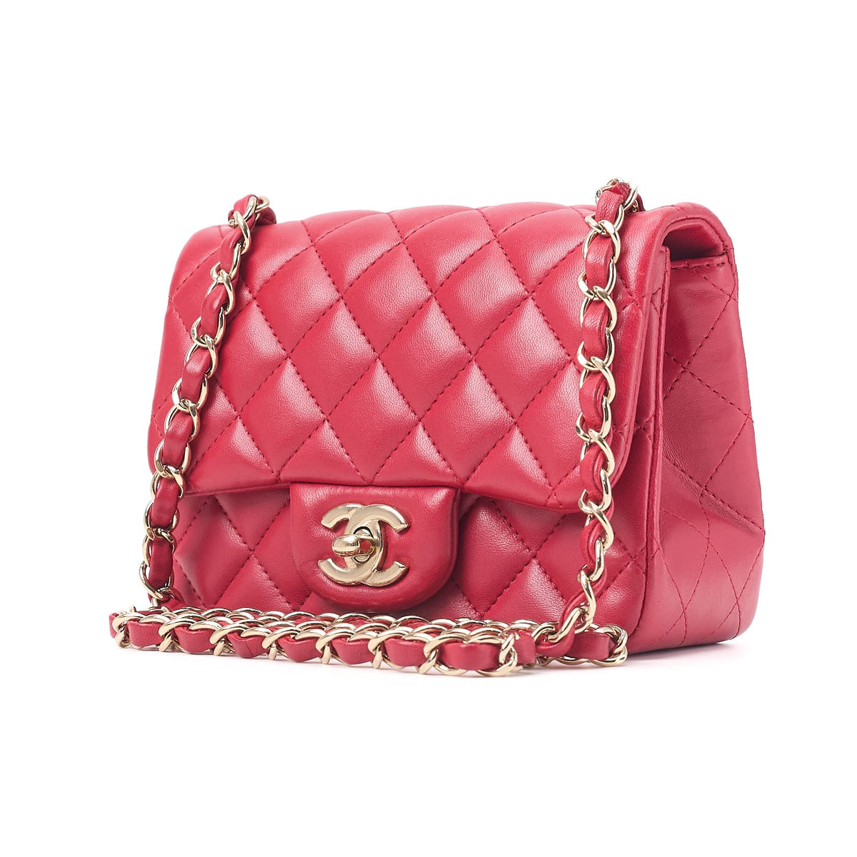 Pre-Owned Mini Shoulder Bag, Matelasse, Turn Lock, Lambskin, Red, Gold-Tone Hardware, Pre-Owned