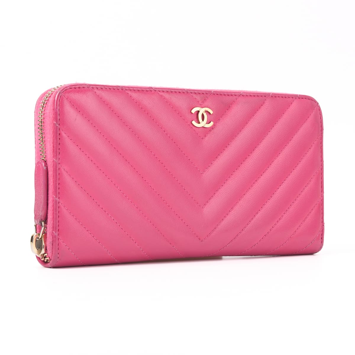 Pre-Owned Long Wallet, Matelasse, V Stitch, Lambskin, Pink, Gold-Tone Hardware, Pre-Owned