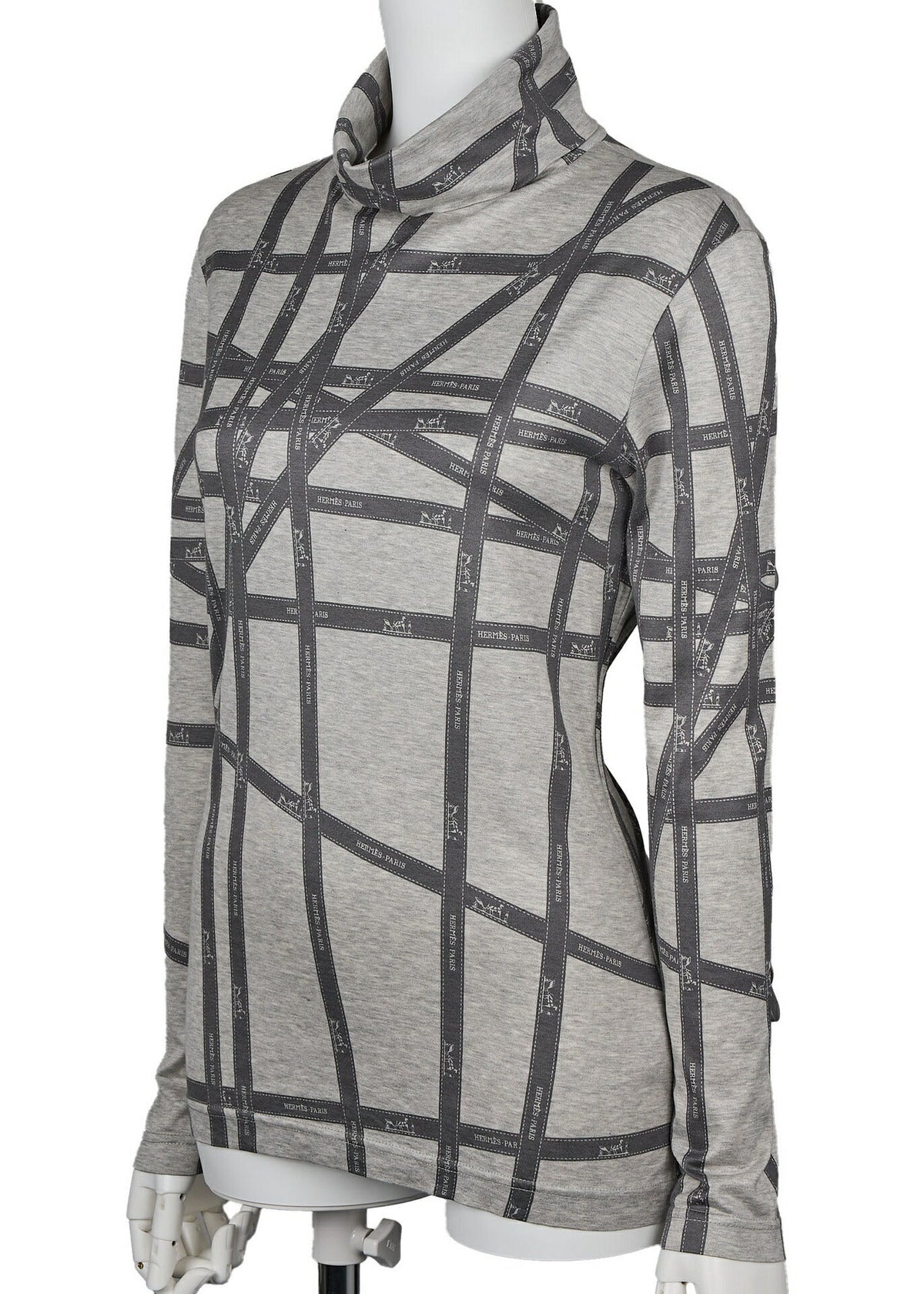 Pre-Owned Turtleneck Long Sleeve Top, Logo Ribbon Design, Grey, Silver-Tone Hardware, Pre-Owned