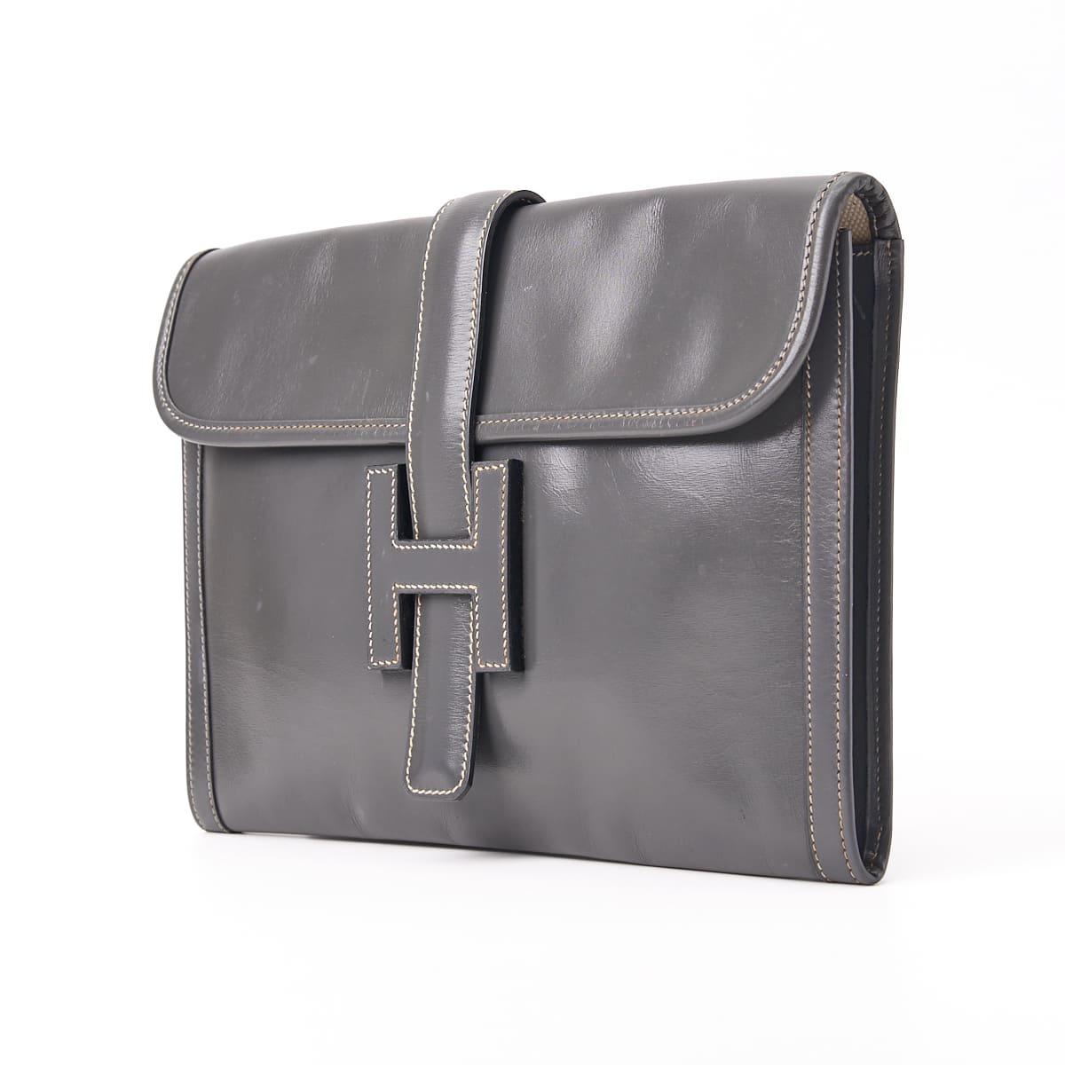 Pre-Owned Jije PM Clutch Bag, Box Calf, Gray, Silver-Tone Hardware, Pre-Owned