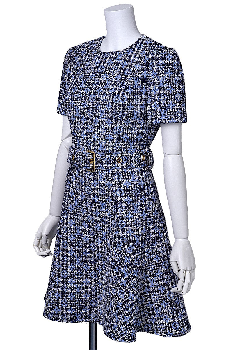 Gebrauchtes Vuitton Einteiliges Kleid, Monogramm, Tweed, Blau, Goldfarbene Hardware, Gebraucht