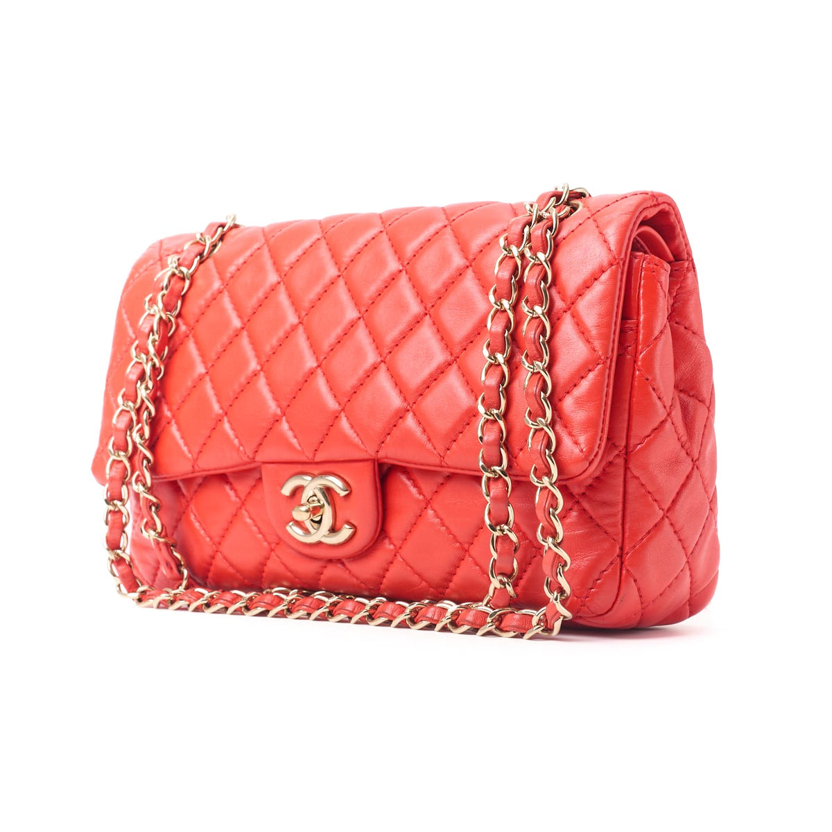 Pre-Owned Schultertasche Matelassé Drehverschluss Doppelklappe Lammleder Rot Goldfarbene Hardware Pre-Owned